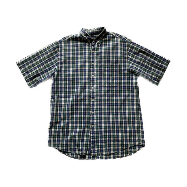 【雰囲気◎】90s ランズエンド シアサッカーチェック半袖シャツ L ビンテージ LAND'S END ボタンダウン B.D.Shirts ヴィンテージ USA 古着
