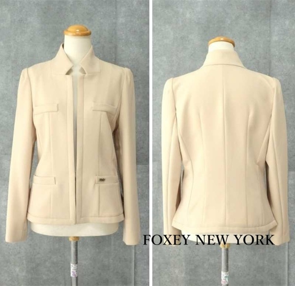 美品【FOXEY NEW YORK|フォクシーニューヨーク】ストレッチ スタンドカラージャケット ベージュ 日本製 40 M 即決