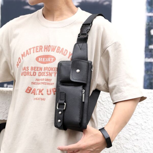 ショルダー バッグ ボディ スマホ ポーチ ウエスト メンズ PU レザー 小物入れ おしゃれ 斜め掛け 肩掛け ヒップバッグ ブラック 黒