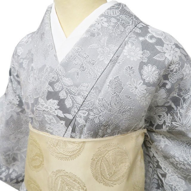 天目織 辻が花 唐花 御召 小紋 正絹 白 黒 グレー 760 | kimono