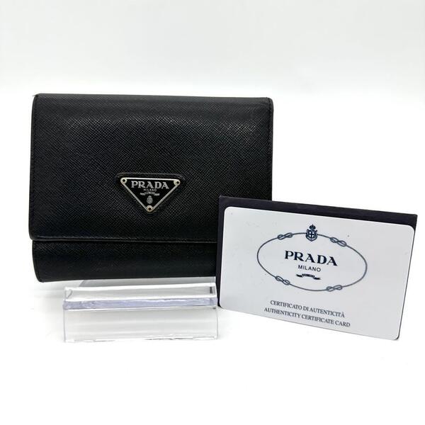 PRADA プラダ 三つ折り財布 サフィアーノ 三角ロゴプレート ブラック 本革 g00802-1