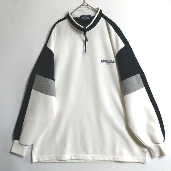 113 SPALDING トラックトレーナ L 白 紺 ハーフジップブルオーバ