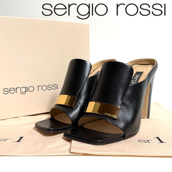 SERGIO ROSSISR1 NAPLYS SANDALS レザー ハイヒール サンダル ミュール イタリア製 本革 25cm 38 ブラック ゴールド