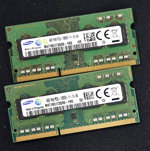4GB 2枚組 (合計 8GB) PC3L-12800S DDR3-1600 S.O.DIMM 204pin 1Rx8 Samsung Philippines 11-13-B4 動作確認済 memtest86+ (管:SB0751
