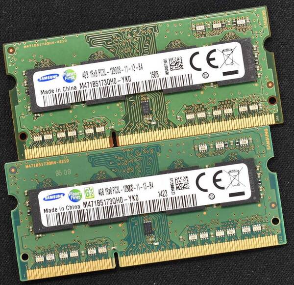 4GB 2枚組 (合計 8GB) PC3L-12800S DDR3-1600 S.O.DIMM 204pin 1Rx8 Samsung CHINA 11-13-B4 動作確認済 memtest86+ (管:SB0753