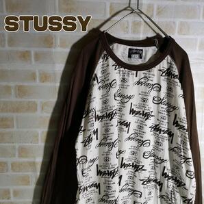 STUSSY ステューシー Tシャツ 長袖 ロンT ブラウン 総柄 ラグラン