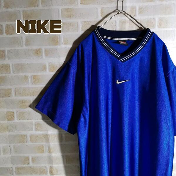NIKE ナイキ Tシャツ 半袖 青 光沢 センター 刺繍 ロゴ
