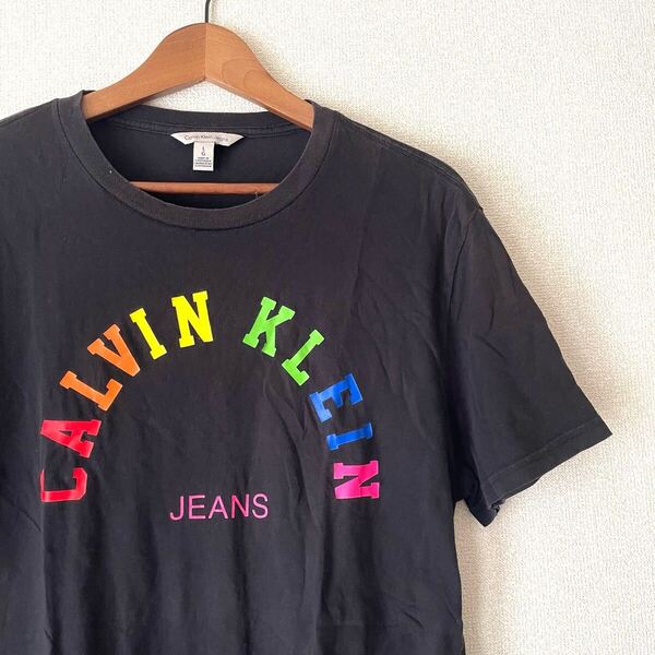 カルバンクライン ジーンズ レインボー★CK メンズ L 半袖Tシャツ ブラック 黒 ロゴ ブランド 古着 ビンテージ Calvin Klein JEANS