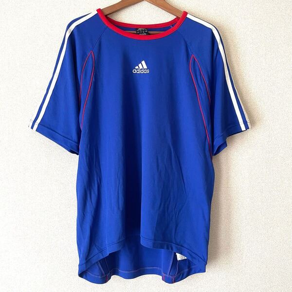 美品★アディダス サッカー ユニフォーム Tシャツ adidas ブルー プラクティスシャツ 半袖 ゲーム ポリエステル 日本代表 XXL 古着 00s