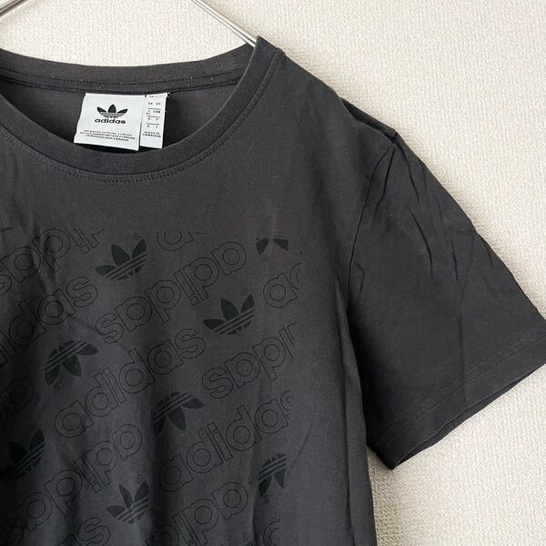 アディダスオリジナル 半袖Tシャツ XS★チャコールグレー トレフォイル 総柄 ブラック カットソー ロゴ コットン 綿 古着 ビンテージ