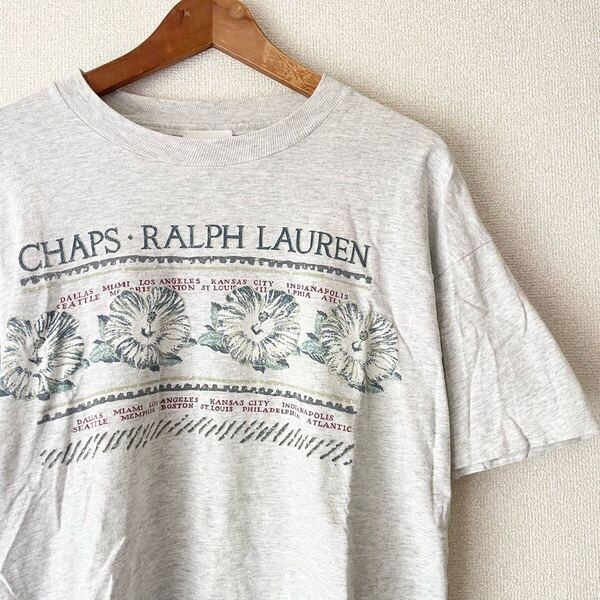 made in USA★CHAPS チャプス ラルフローレン 80s 90s ビンテージ Tシャツ L★アメリカ製 半袖 コットン 綿 グレー ハイビスカス ハワイ