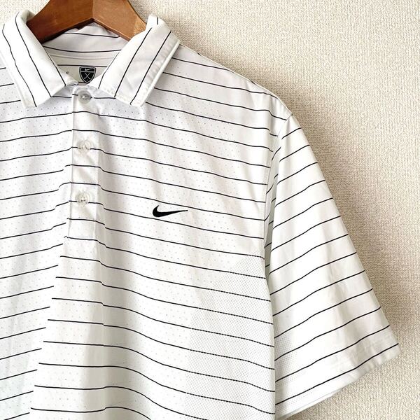 美品★ナイキ ゴルフ★NIKE GOLF 半袖ポロシャツ ホワイト 白 L 170-180cm★光沢 メッシュ 通気性 ポリエステル 速乾 ドライ ゴルフウェア