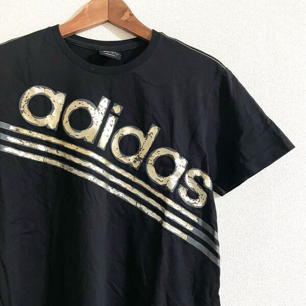 美品★アディダス メンズ 半袖 Tシャツ L★ゴールド ブラック★いかつい ダメージ加工 スポーツ 黒金 ビッグロゴ 古着 adidas オラオラ