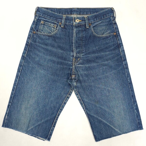 Levi'sリーバイス701XX裾カットオフハーフパンツ90年代ヴィンテージ復刻デニムパンツ日本製ショートパンツ赤耳ハーフ丈ジーンズBigEヒゲ90s