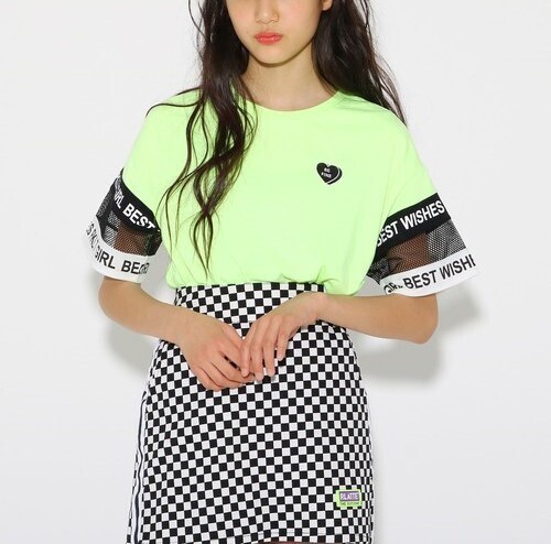 新品 PINK-latte 袖ロゴメッシュ切替 Tシャツイエローグリーン(025)02(M165cm) 定価1089円