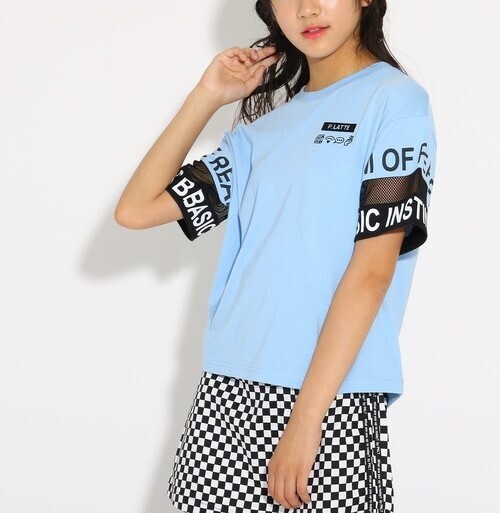 新品 PINK-latte 袖ロゴメッシュ Tシャツ サックス(090) 16(S160cm) 定価2090円