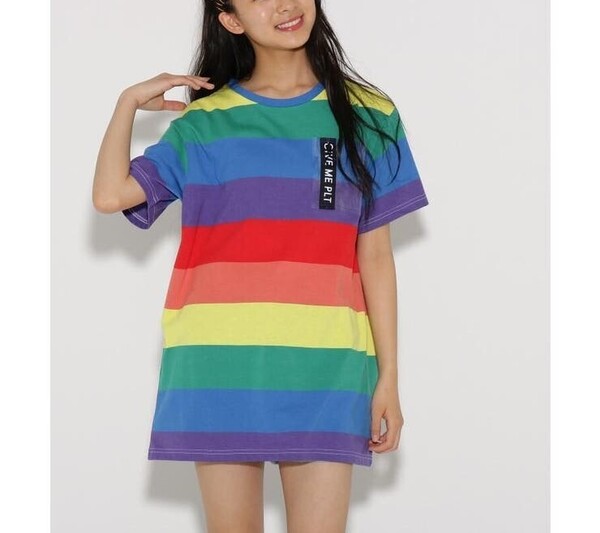 新品 PINK-latte ニコラ掲載レインボーチュニック Tシャツ ブルー(092) 16(S160cm) 定価3850円