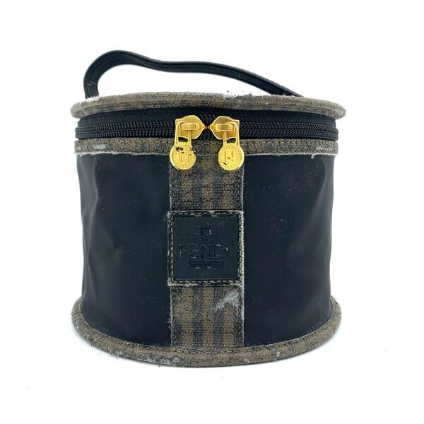 FENDI ペカン柄 バニティバッグ 化粧ポーチ FF ロゴ コスメポーチ ミニ ハンドバッグ 小物入れ メイクポーチ ゴールド金具 カーキ ブラック