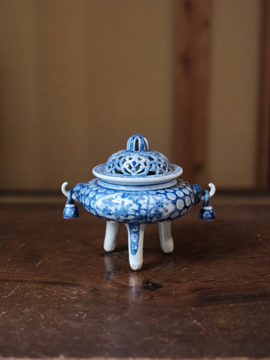 有田焼 染付 地紋松鷹文窓絵 大香炉 香炉 アロマ 骨董 古美術