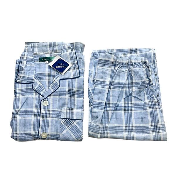 【訳あり】新品タグ付 メンズパジャマ 半袖 長ズボン 綿100% Sサイズ 夏 コットン100% 長パンツ 前あき 紳士 ブルーチェック柄