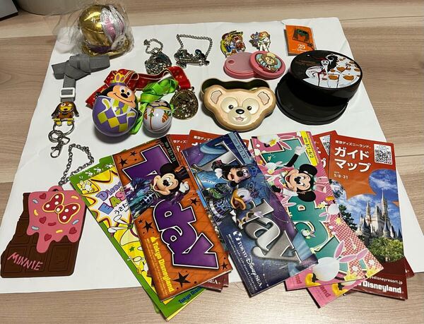 ディズニー関連グッズ14点 ピンバッジ、キーホルダー、缶、旧ガイドマップ付