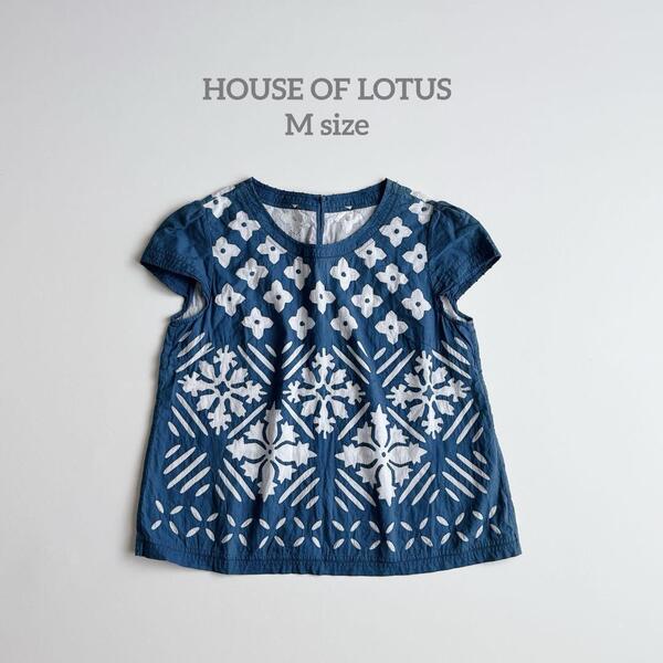 ■美品 ハウスオブロータス HOUSE OF LOTUS インド綿 パッチワーク ハンドアップリケ ブラウス 刺繍 ノースリーブ ブルー