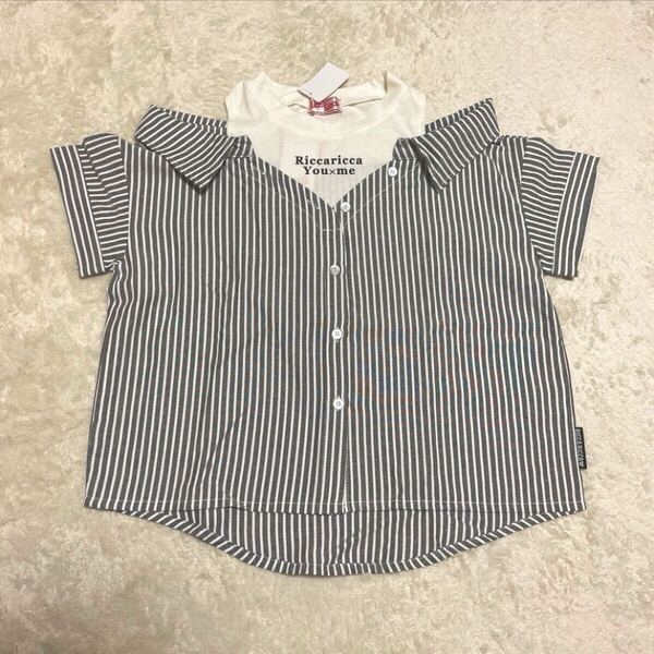 新品タグ付★リッカリッカ★肩出し重ね着風シャツ★黒ストライプ★150★女の子キッズ子供小学生ラブトキアルジピンクジェニィ好きに