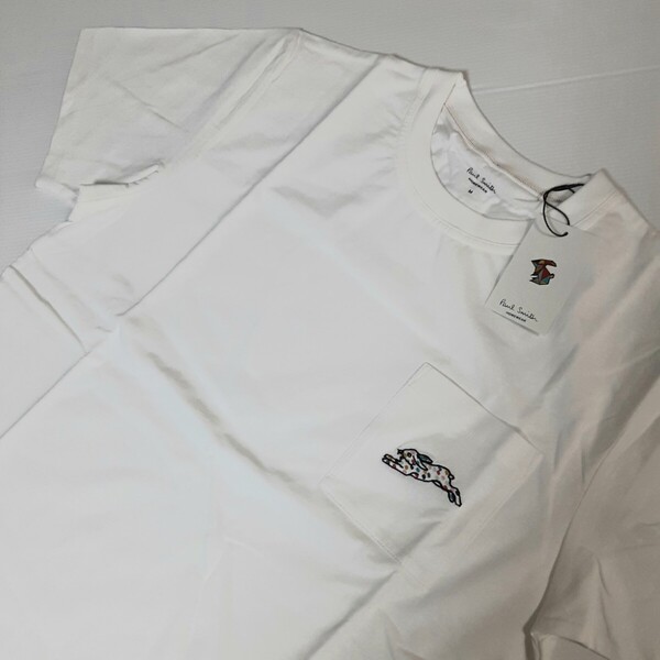 新品未使用 ポールスミス Paul Smith 胸ポケットにウサギ刺繍 半袖Tシャツ M 白 HOMEWEAR 綿100% 30-7309 裾ロゴ ホワイト うさぎ