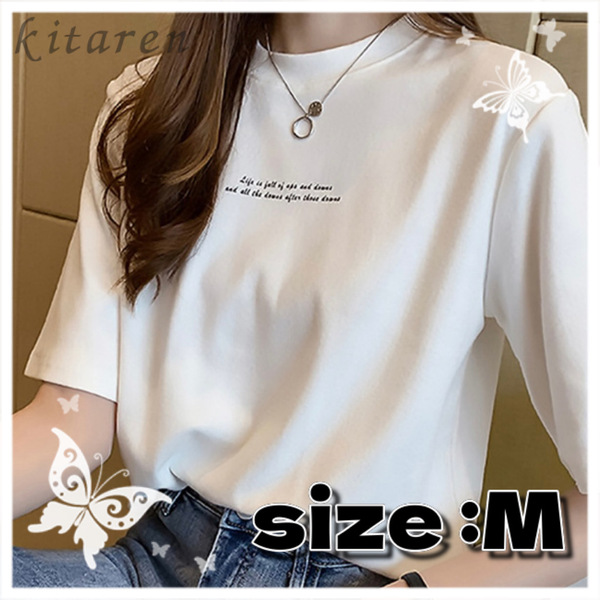 レディース Tシャツ 半袖 シンプル 英字 ワンポイント ホワイト Mサイズ