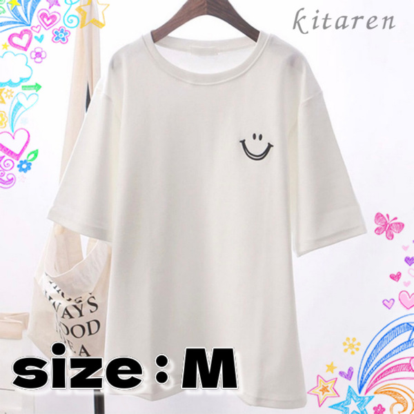 半袖 Tシャツ シンプル 白 スマイル ゆったり トップス カジュアル Mサイズ