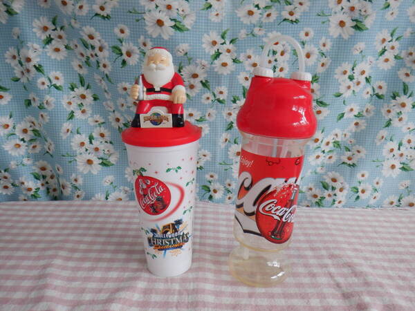 E6 中古『CocaCola コカ・コーラ★ストロー付き水筒&サンタクロースの蓋付きカップ~2個まとめて ヴィンテージ』