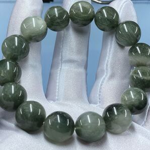 【原石から買って作成】とても綺麗 グリーン ザギ マウンテン クオーツ ブレスレット 約14.1mm-14.9mm 腕周り17cm 0622