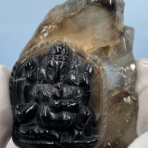 【ネパールでの手彫り】ブラジル産 スモーキー モリオン エレスチャル ガネーシャ 約153g 彫り物 0609