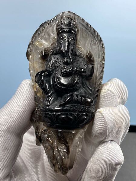 【ネパールでの手彫り】ブラジル産 スモーキー モリオン エレスチャル ガネーシャ 約157g 彫り物 0609