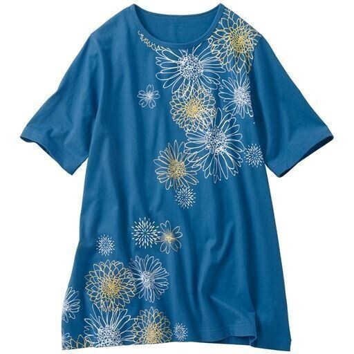 ★国内匿配★新品 綿100% お尻すっぽり ロング丈 Aライン L プリント Tシャツ チュニック 半袖 ブルー グリーン 花柄 レディース 女性