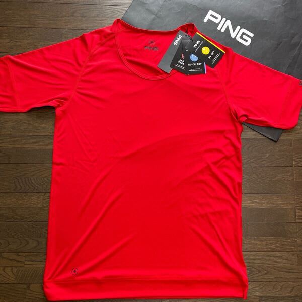 送料無料PING GOLFピンゴルフMENSインナーウエア半袖シャツ吸水速乾ベタ付軽減DRY紫外線UVCUT薄手伸縮ノビルザジャージRed(大特価L)新品