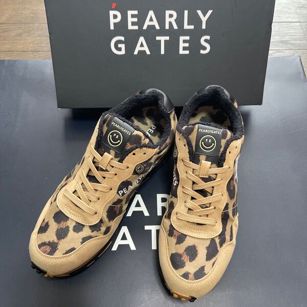 送料無料PEARLY GATESパーリーゲイツLEOPARD SERIES PGニコスパイクレスシューズ部分牛革PG刺繍BrownBeige(大特価希少25.0cm)2try中古品