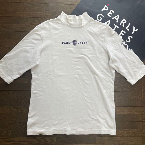 送料無料PEARLY GATESパーリーゲイツPGハイネック五分袖シャツベア天竺柔らかソフト肌触り速乾弾力性STRETCH White(希少3)難あり中古品