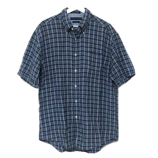 【美品】TOMMY HILFIGER トミーヒルフィガー 春夏 リネン 麻 100% 半袖 シャツ チェック ブルー系 L XL 大きいサイズ