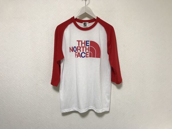 本物ノースフェイスTHE NORTH FACEロゴプリントラグラン7部丈長袖ロンTシャツメンズサーフアメカジビジネスミリタリー白赤ホワイト日本製L