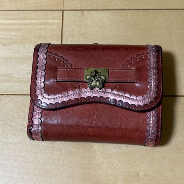 ANNA SUI アナスイ かぶせ がま口 三折り 財布 バタフライ フリル レース ピンク バタフライ チャーム ウォレット