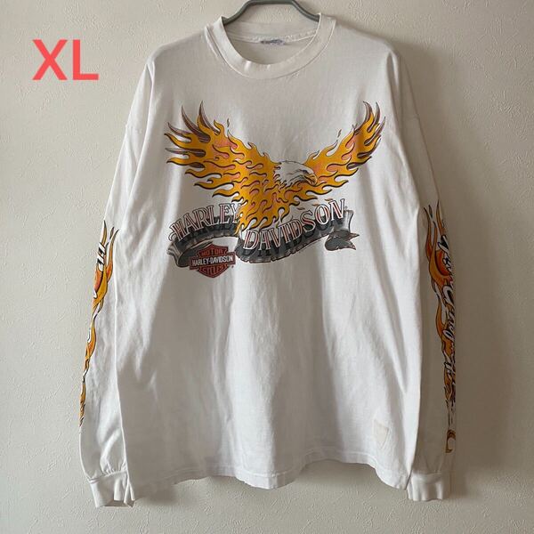 古着 90s Harley Davidson Eagle Fire Flame L/S Tee White XL ハーレー ダビッドソン イーグル フレーム ロンT Tシャツ Band Rap Rock