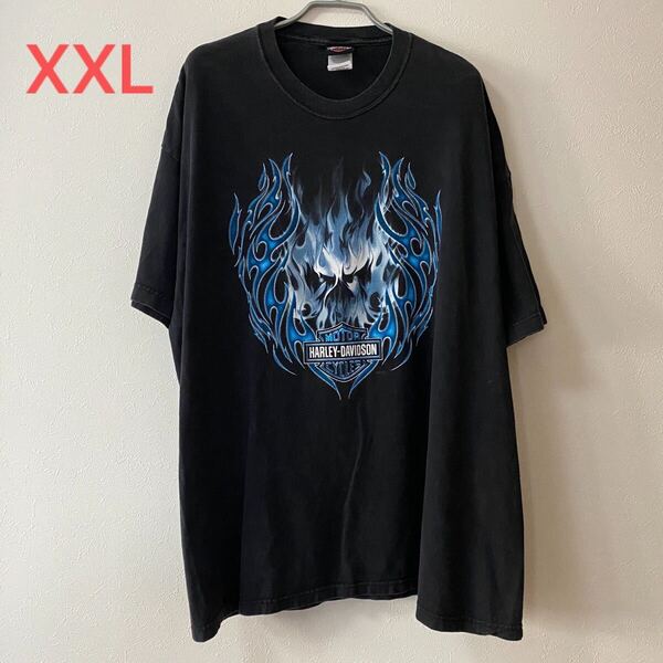 古着 Y2K 00s Harley Davidson Blue Flame Tee Black XXL ハーレー ダビッドソン ブルー フレイム Tシャツ Band Rock Rap バンドT ラップT