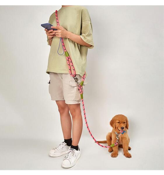 ハンズフリー ショルダー 2way ロング リード ピンク 反射素材 肩掛け お散歩 ペット 丈夫 手ぶら 大型犬 中型犬 小型犬 ペット用品