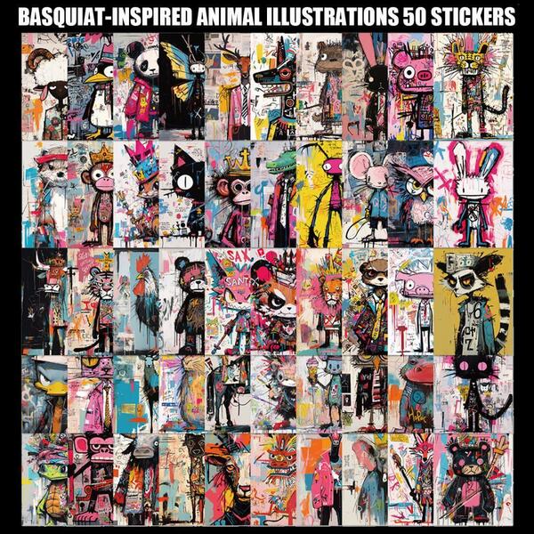バスキア風 動物イラスト ステッカー 50枚セット PVC 防水 シール Basquiat ストリート グラフィティ アート イラスト 芸術 アニマル