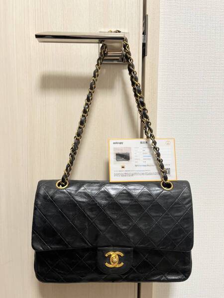 ■□ シャネル CHANEL 高級 マトラッセ ダブルフラップ ダブルチェーン ヴィンテージ ショルダー バッグ ブラック ゴールド 確実正規品