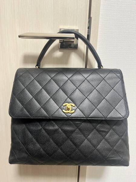 ■□ シャネル CHANEL 高級 ケリーバッグ ハンドバッグ キャビアスキン マトラッセ ヴィンテージ ブラック ゴールド 確実正規品