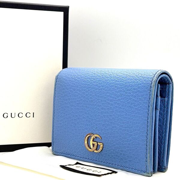 Gucci グッチ 2つ折り財布 GGロゴ レザー コンパクト ミニウォレット カードケース レディース 箱付き ライトブルー