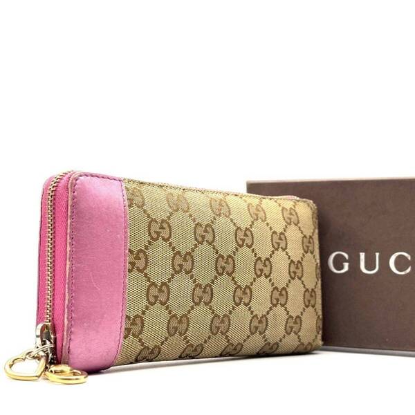 GUCCI グッチ 長財布 GGキャンバス メタリックレザー ラウンドジップ ハートチャーム レディース 274586/2149 ピンク ブラウン