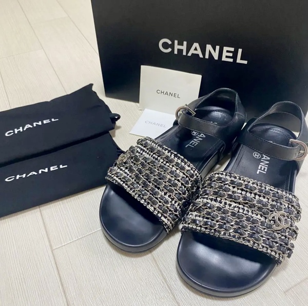 CHANEL シャネル ココマークチャーム ツイード チェーン サンダル バッグストラップ 靴 37 シューズ ベルトストラップ シャワーサンダル